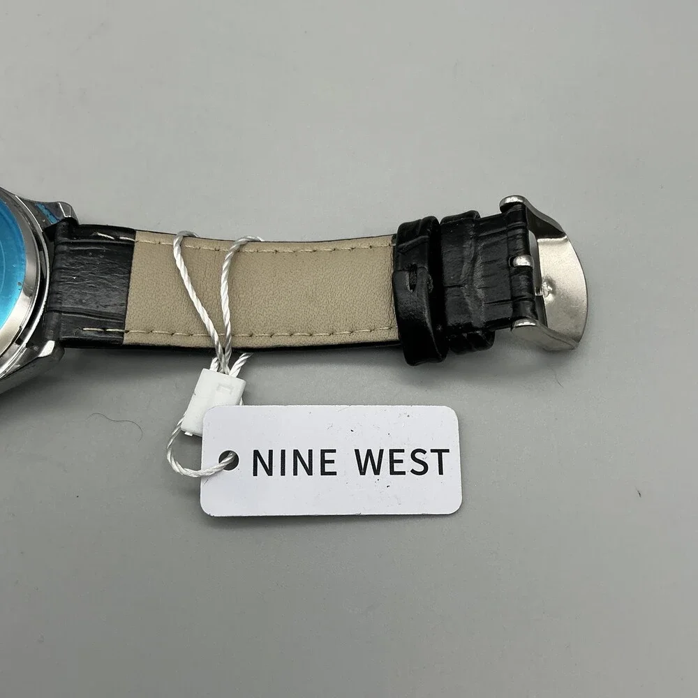 Nine West Womens Watch 42mm Silver Tone Black Dial Black Leather NWW2201W